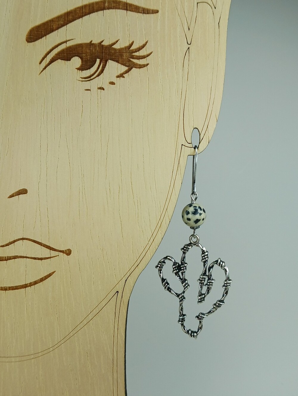 Dalmatian Jasper Cactus Earrings Antiqued Silver Hand Crafted - Picture 6 of 7
